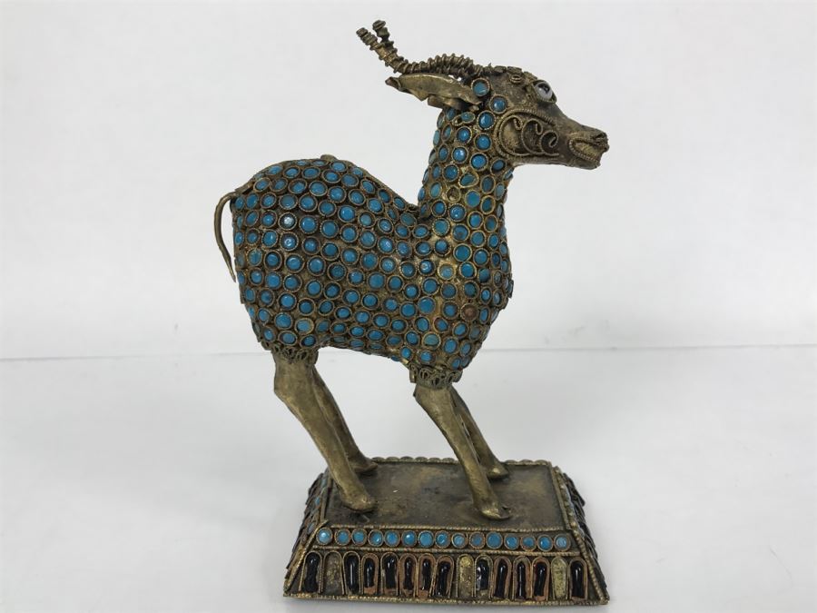 Old Nepalese Tibetan Brass Filigree Antelope Deer With Inlayed Turquoise And Black Stones [Photo 11]