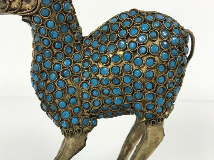 Old Nepalese Tibetan Brass Filigree Antelope Deer With Inlayed Turquoise And Black Stones [Photo 5]
