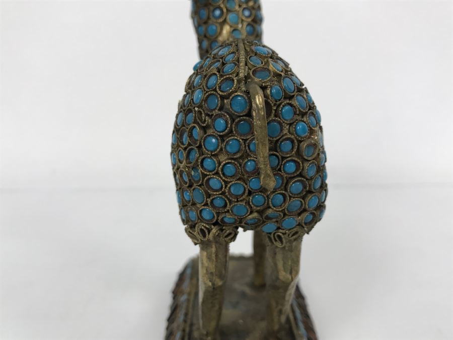 Old Nepalese Tibetan Brass Filigree Antelope Deer With Inlayed Turquoise And Black Stones [Photo 16]