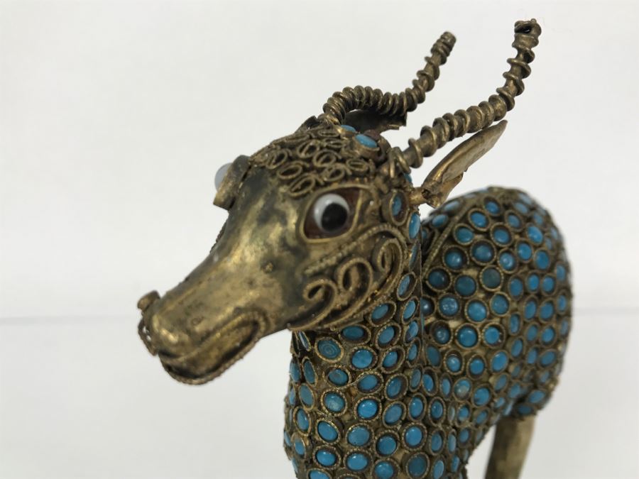Old Nepalese Tibetan Brass Filigree Antelope Deer With Inlayed Turquoise And Black Stones [Photo 9]