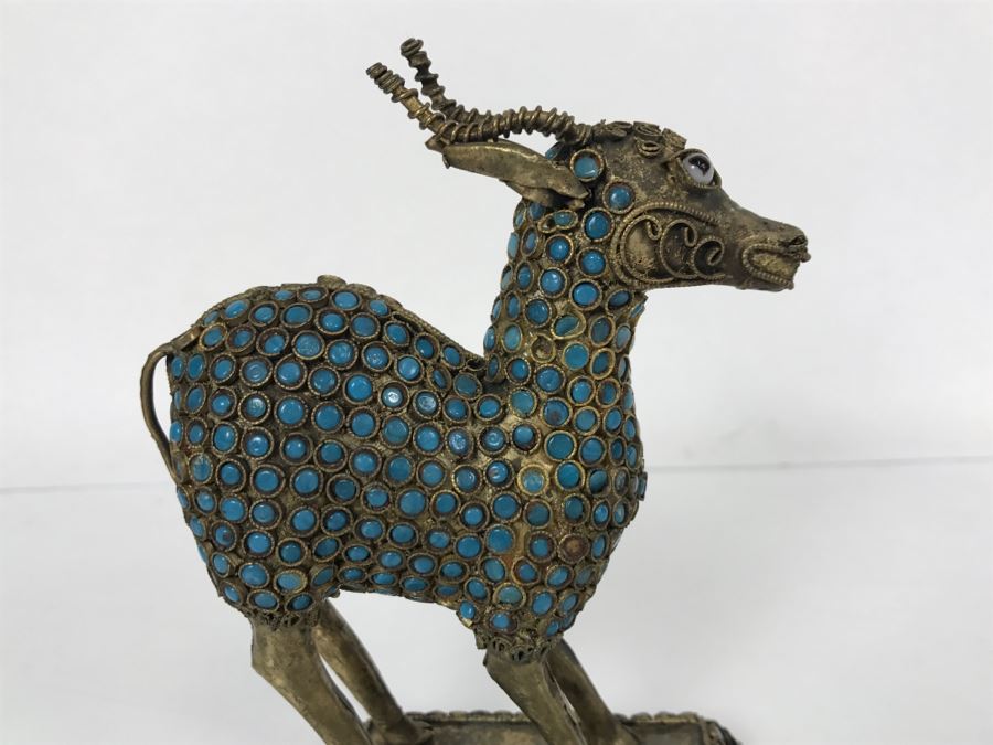 Old Nepalese Tibetan Brass Filigree Antelope Deer With Inlayed ...