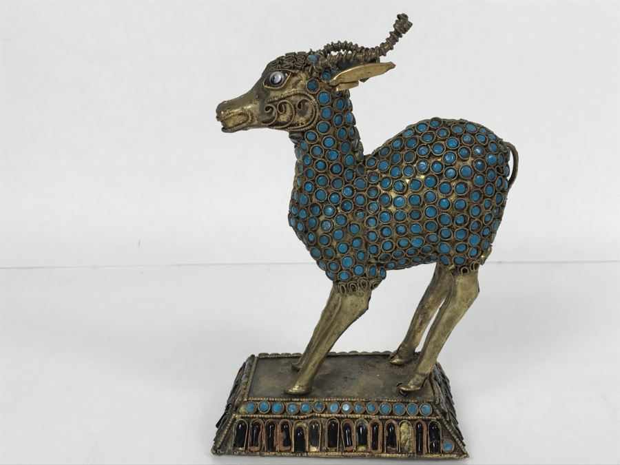 Old Nepalese Tibetan Brass Filigree Antelope Deer With Inlayed Turquoise And Black Stones [Photo 1]