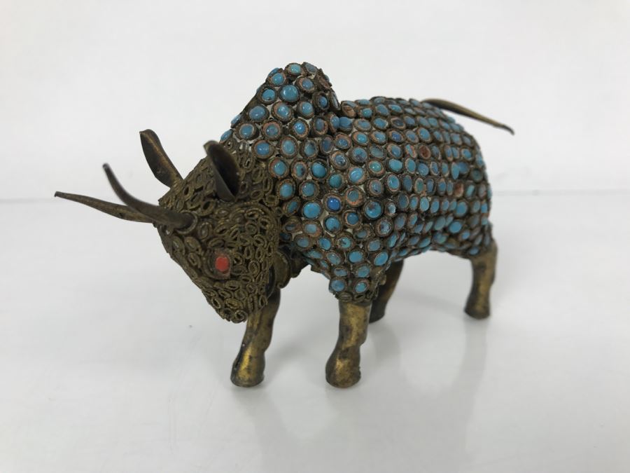 Old Nepalese Tibetan Brass Filigree Ox Bull With Inlayed Turquoise And Coral [Photo 7]
