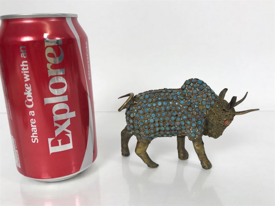 Old Nepalese Tibetan Brass Filigree Ox Bull With Inlayed Turquoise And Coral [Photo 2]