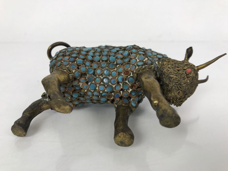 Old Nepalese Tibetan Brass Filigree Ox Bull With Inlayed Turquoise And Coral [Photo 11]
