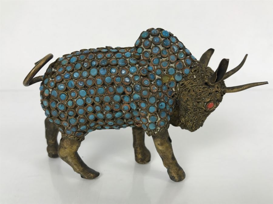Old Nepalese Tibetan Brass Filigree Ox Bull With Inlayed Turquoise And Coral [Photo 1]