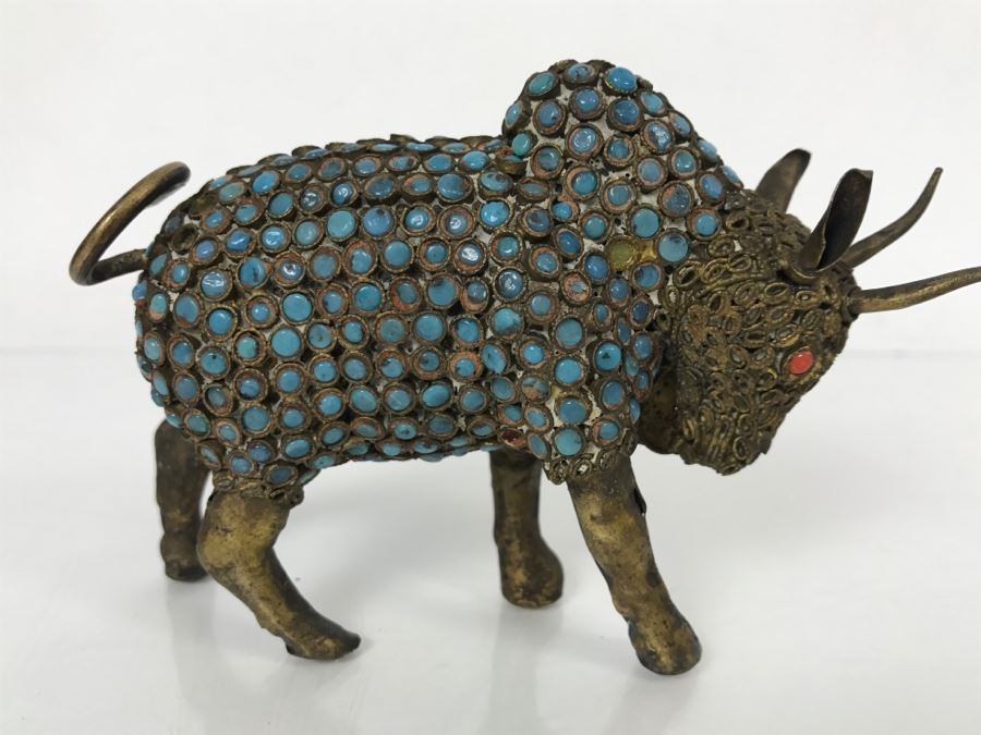 Old Nepalese Tibetan Brass Filigree Ox Bull With Inlayed Turquoise And Coral [Photo 3]
