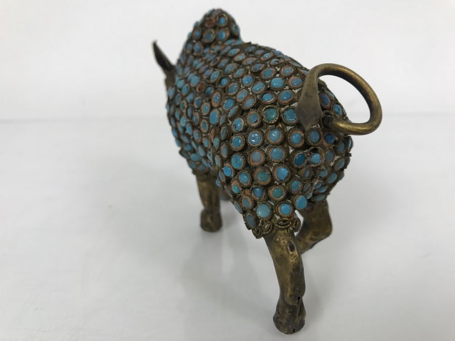 Old Nepalese Tibetan Brass Filigree Ox Bull With Inlayed Turquoise And Coral [Photo 9]