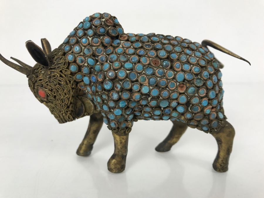 Old Nepalese Tibetan Brass Filigree Ox Bull With Inlayed Turquoise And Coral [Photo 8]