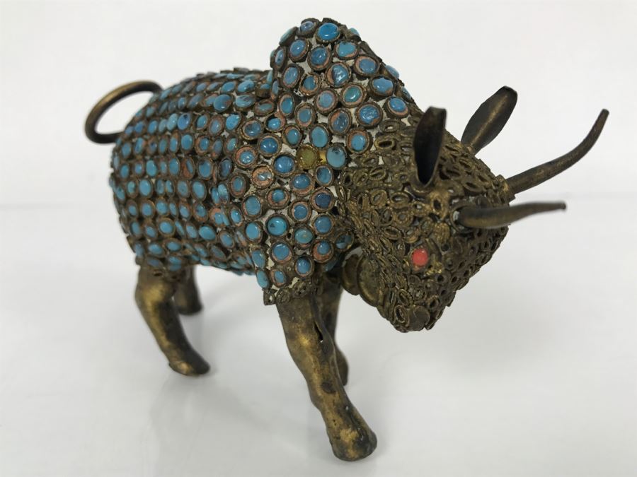 Old Nepalese Tibetan Brass Filigree Ox Bull With Inlayed Turquoise And Coral [Photo 4]