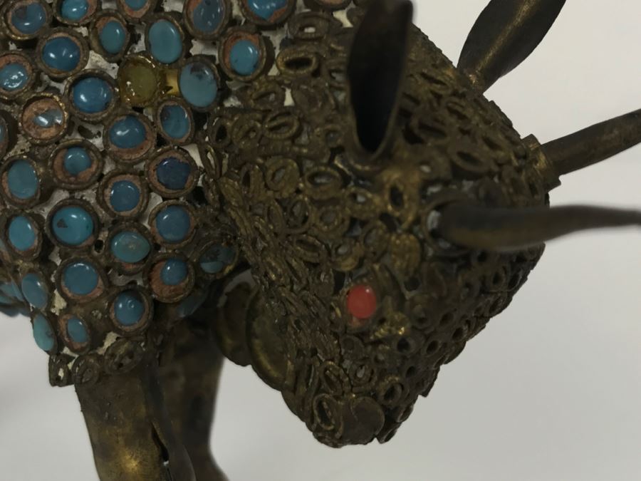 Old Nepalese Tibetan Brass Filigree Ox Bull With Inlayed Turquoise And Coral [Photo 5]