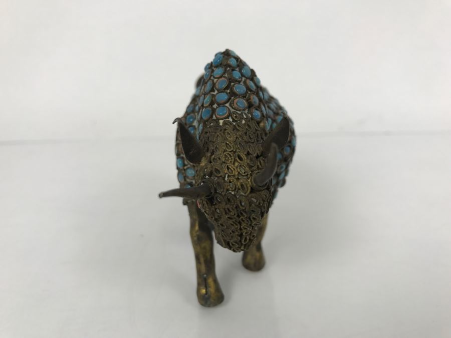 Old Nepalese Tibetan Brass Filigree Ox Bull With Inlayed Turquoise And Coral [Photo 6]
