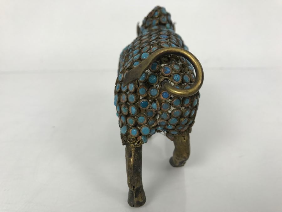 Old Nepalese Tibetan Brass Filigree Ox Bull With Inlayed Turquoise And Coral [Photo 10]