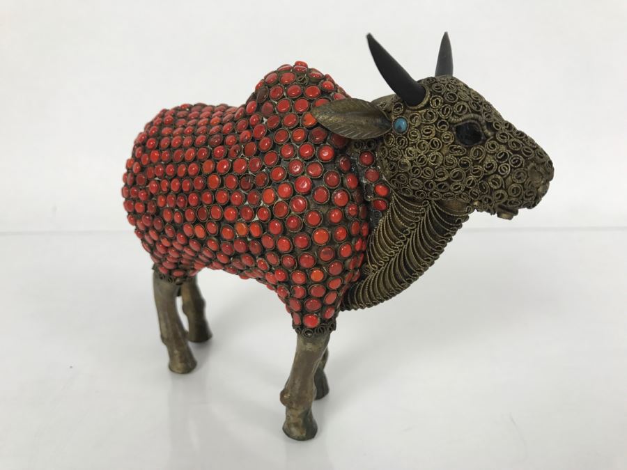 Old Nepalese Tibetan Brass Filigree Ox With Inlayed Coral And Turquoise [Photo 9]