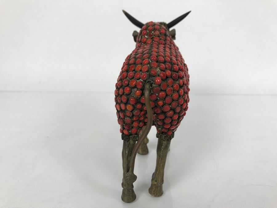 Old Nepalese Tibetan Brass Filigree Ox With Inlayed Coral And Turquoise [Photo 12]