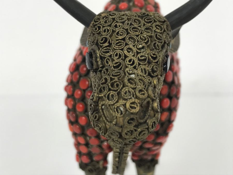 Old Nepalese Tibetan Brass Filigree Ox With Inlayed Coral And Turquoise [Photo 8]