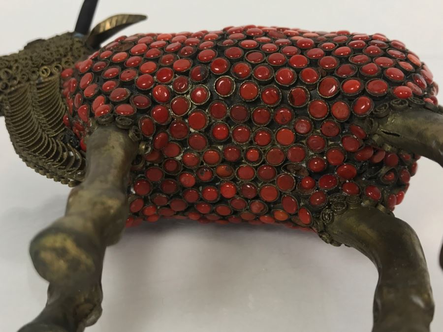 Old Nepalese Tibetan Brass Filigree Ox With Inlayed Coral And Turquoise [Photo 15]