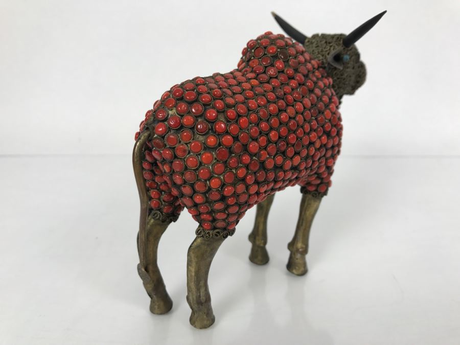 Old Nepalese Tibetan Brass Filigree Ox With Inlayed Coral And Turquoise [Photo 11]