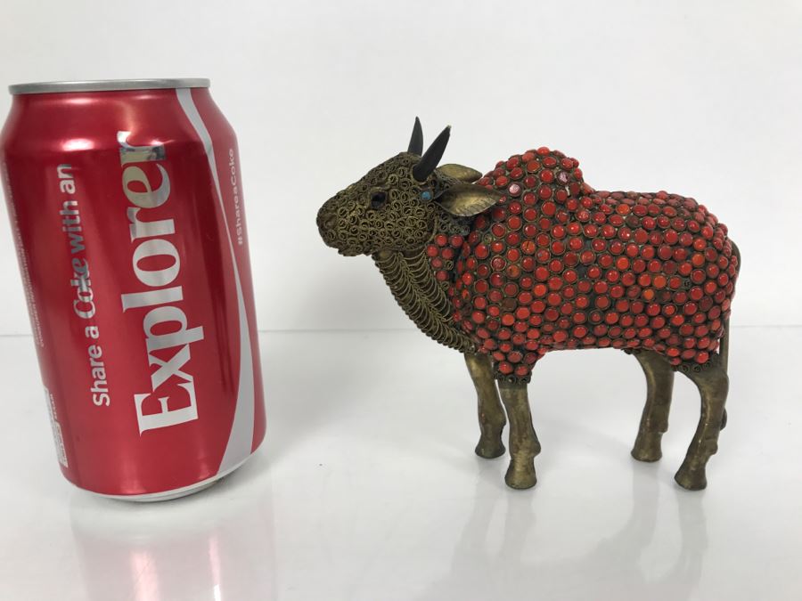 Old Nepalese Tibetan Brass Filigree Ox With Inlayed Coral And Turquoise [Photo 3]