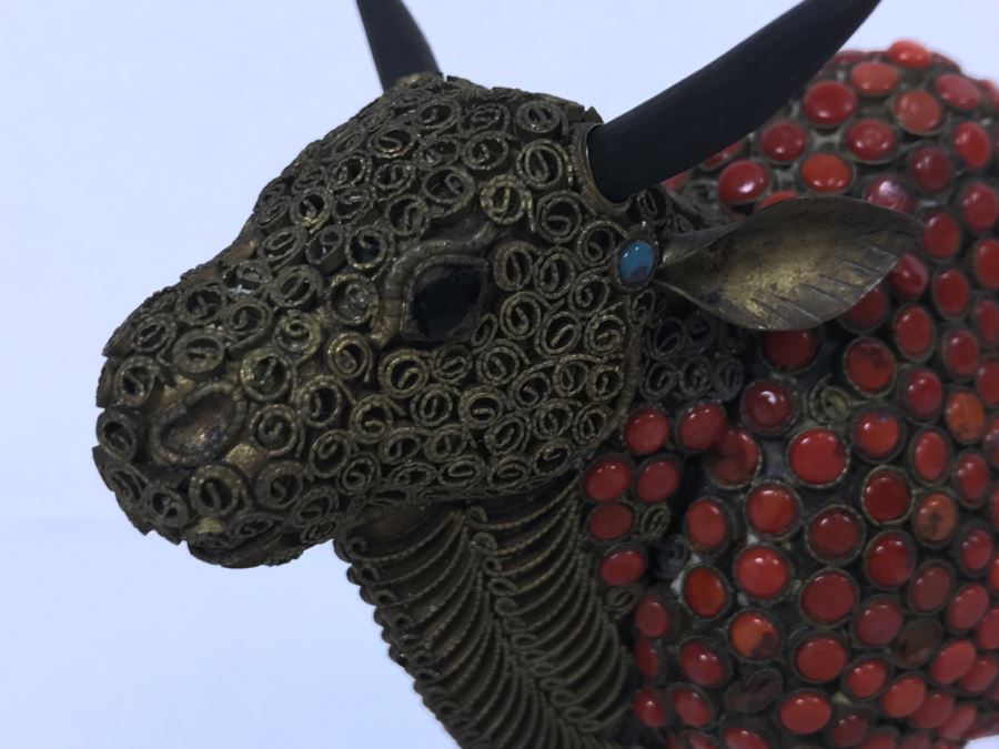 Old Nepalese Tibetan Brass Filigree Ox With Inlayed Coral And Turquoise [Photo 5]