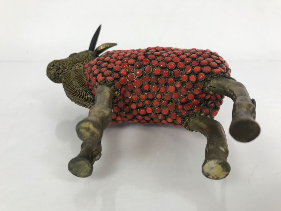 Old Nepalese Tibetan Brass Filigree Ox With Inlayed Coral And Turquoise [Photo 14]