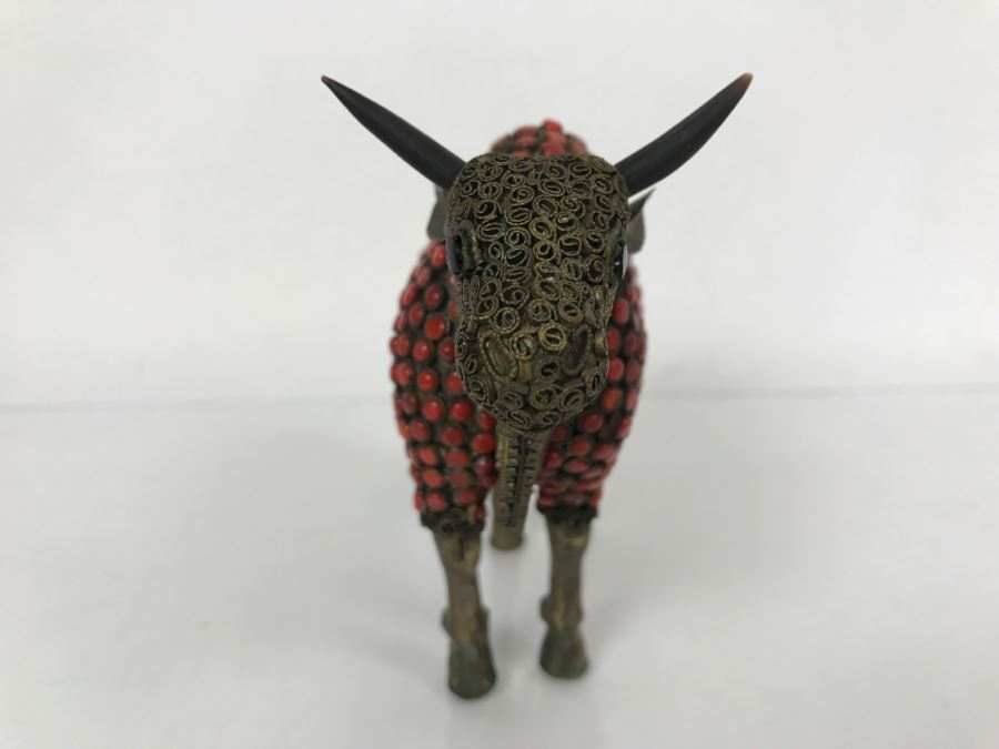 Old Nepalese Tibetan Brass Filigree Ox With Inlayed Coral And Turquoise [Photo 7]