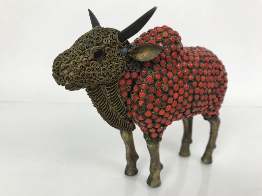 Old Nepalese Tibetan Brass Filigree Ox With Inlayed Coral And Turquoise [Photo 4]