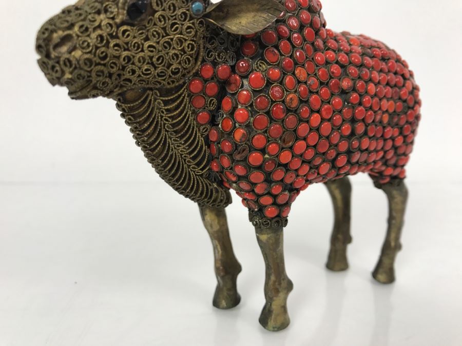 Old Nepalese Tibetan Brass Filigree Ox With Inlayed Coral And Turquoise [Photo 6]