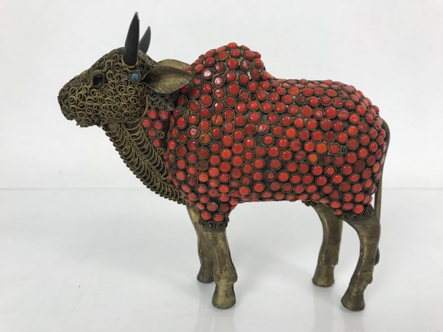 Old Nepalese Tibetan Brass Filigree Ox With Inlayed Coral And Turquoise [Photo 2]