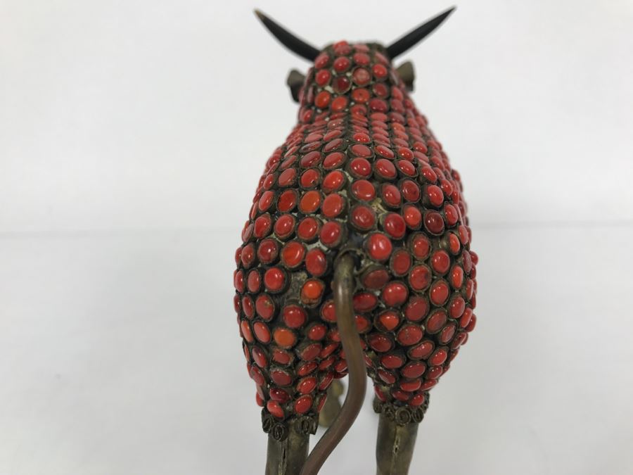 Old Nepalese Tibetan Brass Filigree Ox With Inlayed Coral And Turquoise [Photo 13]