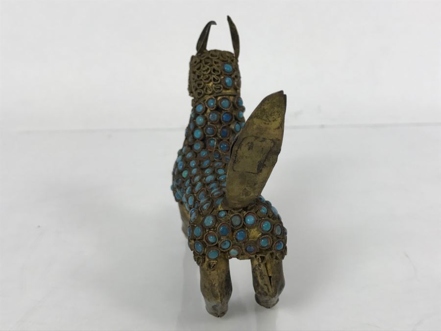 Old Nepalese Tibetan Brass Filigree Dog With Inlayed Turquoise And Coral [Photo 16]