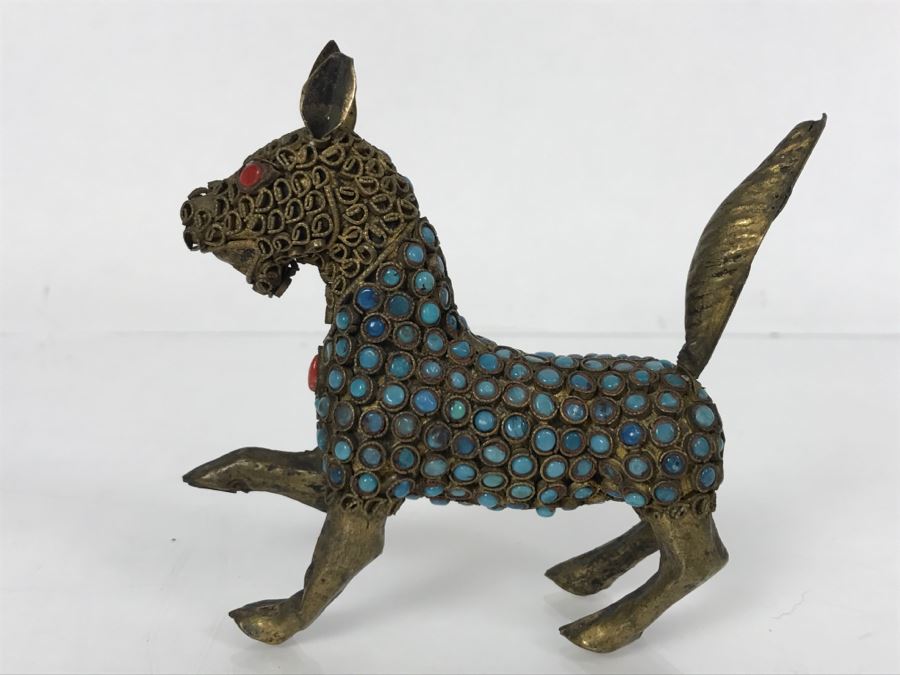 Old Nepalese Tibetan Brass Filigree Dog With Inlayed Turquoise And Coral [Photo 1]