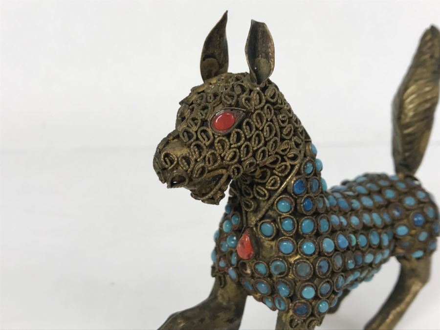 Old Nepalese Tibetan Brass Filigree Dog With Inlayed Turquoise And Coral [Photo 6]