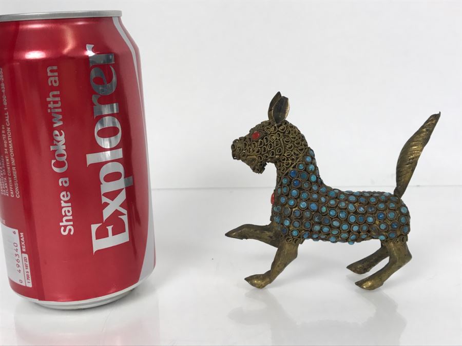 Old Nepalese Tibetan Brass Filigree Dog With Inlayed Turquoise And Coral [Photo 2]