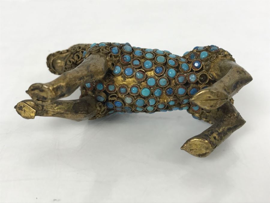 Old Nepalese Tibetan Brass Filigree Dog With Inlayed Turquoise And Coral [Photo 17]