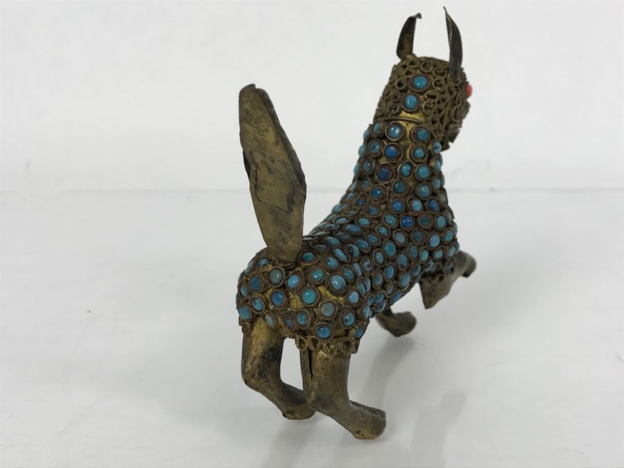 Old Nepalese Tibetan Brass Filigree Dog With Inlayed Turquoise And Coral [Photo 14]