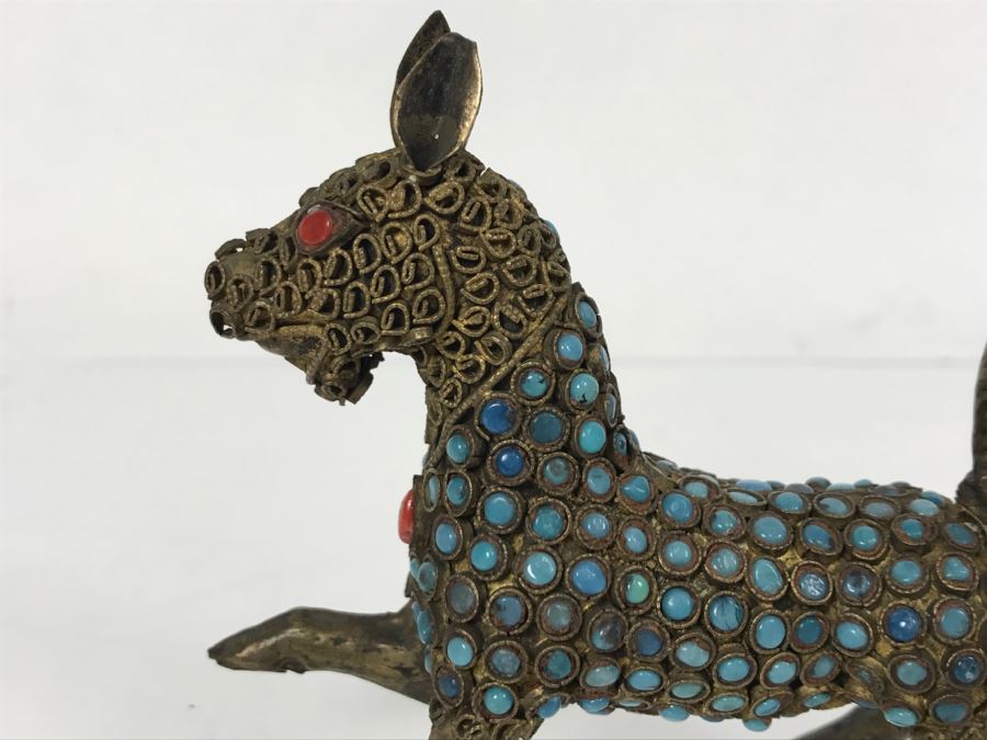 Old Nepalese Tibetan Brass Filigree Dog With Inlayed Turquoise And Coral [Photo 4]