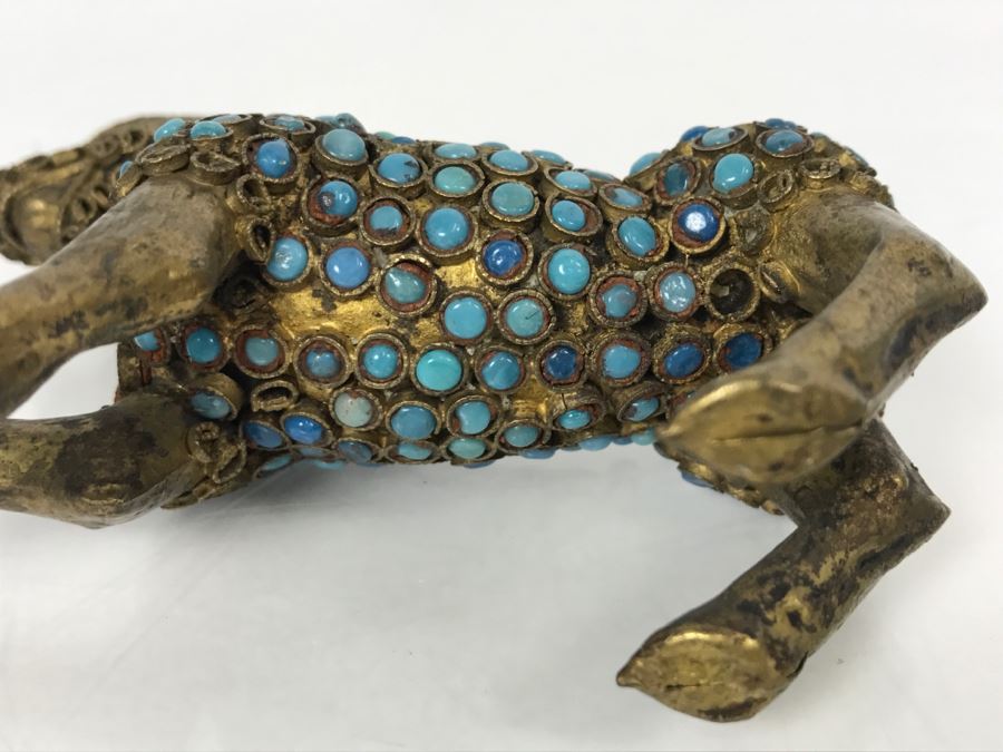 Old Nepalese Tibetan Brass Filigree Dog With Inlayed Turquoise And Coral [Photo 18]