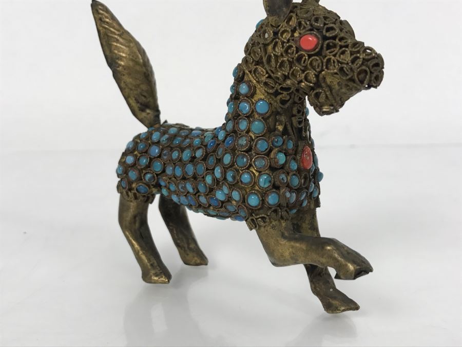 Old Nepalese Tibetan Brass Filigree Dog With Inlayed Turquoise And Coral [Photo 12]