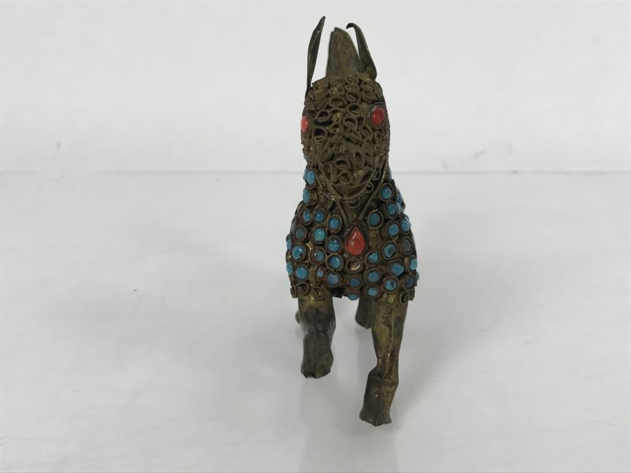 Old Nepalese Tibetan Brass Filigree Dog With Inlayed Turquoise And Coral [Photo 7]