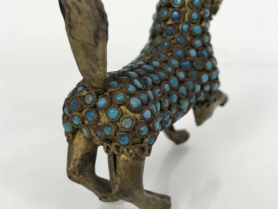 Old Nepalese Tibetan Brass Filigree Dog With Inlayed Turquoise And Coral [Photo 15]