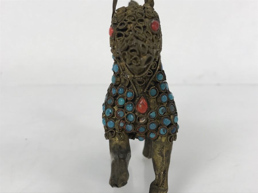 Old Nepalese Tibetan Brass Filigree Dog With Inlayed Turquoise And Coral [Photo 8]