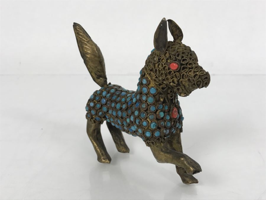 Old Nepalese Tibetan Brass Filigree Dog With Inlayed Turquoise And Coral [Photo 11]