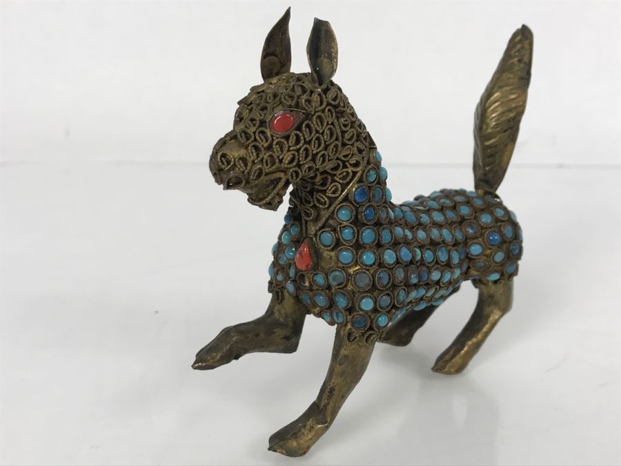 Old Nepalese Tibetan Brass Filigree Dog With Inlayed Turquoise And Coral [Photo 5]