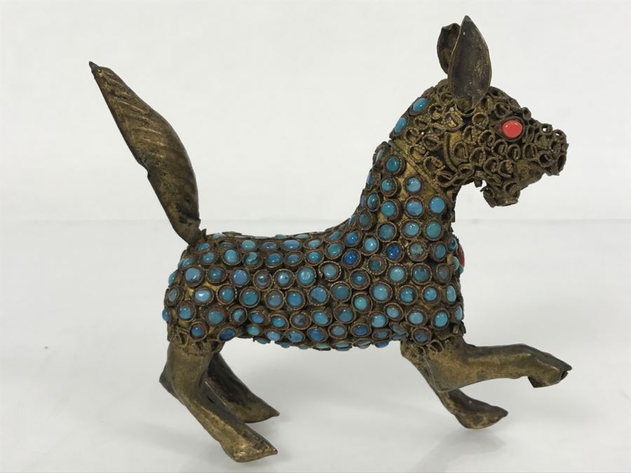 Old Nepalese Tibetan Brass Filigree Dog With Inlayed Turquoise And Coral [Photo 13]