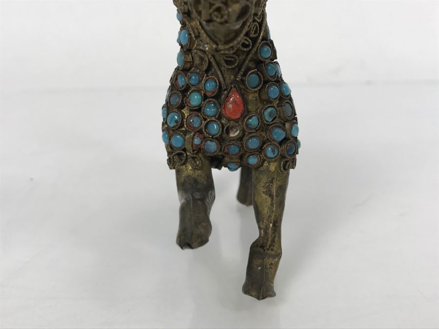 Old Nepalese Tibetan Brass Filigree Dog With Inlayed Turquoise And Coral [Photo 9]