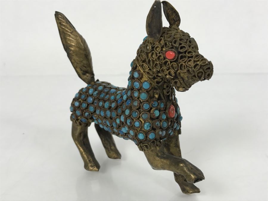 Old Nepalese Tibetan Brass Filigree Dog With Inlayed Turquoise And Coral [Photo 10]