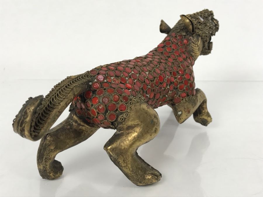 Old Nepalese Tibetan Brass Filigree Lion Tiger With Inlayed Coral [Photo 23]