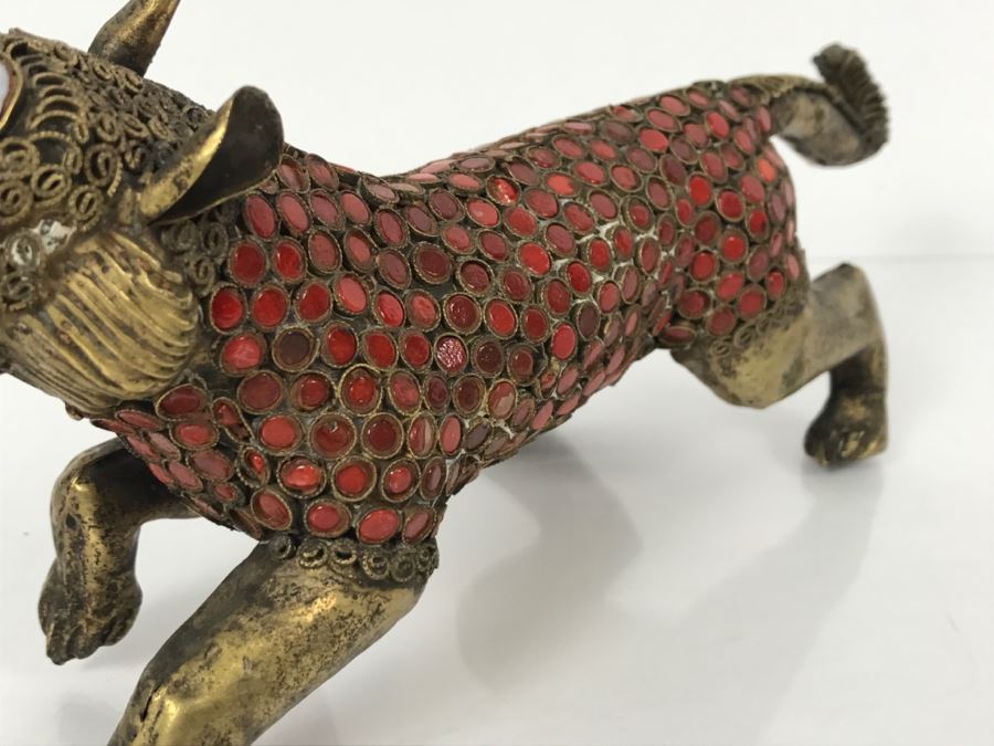 Old Nepalese Tibetan Brass Filigree Lion Tiger With Inlayed Coral [Photo 15]