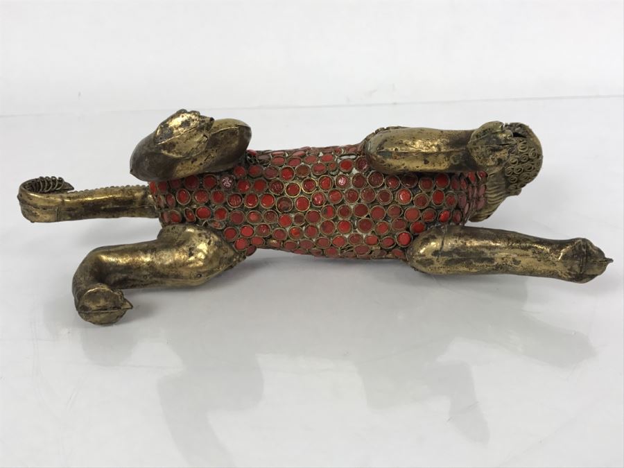 Old Nepalese Tibetan Brass Filigree Lion Tiger With Inlayed Coral [Photo 24]